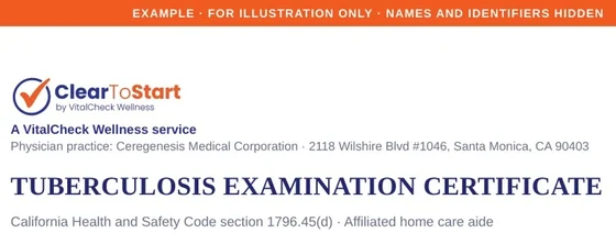 Example tuberculosis examination certificate