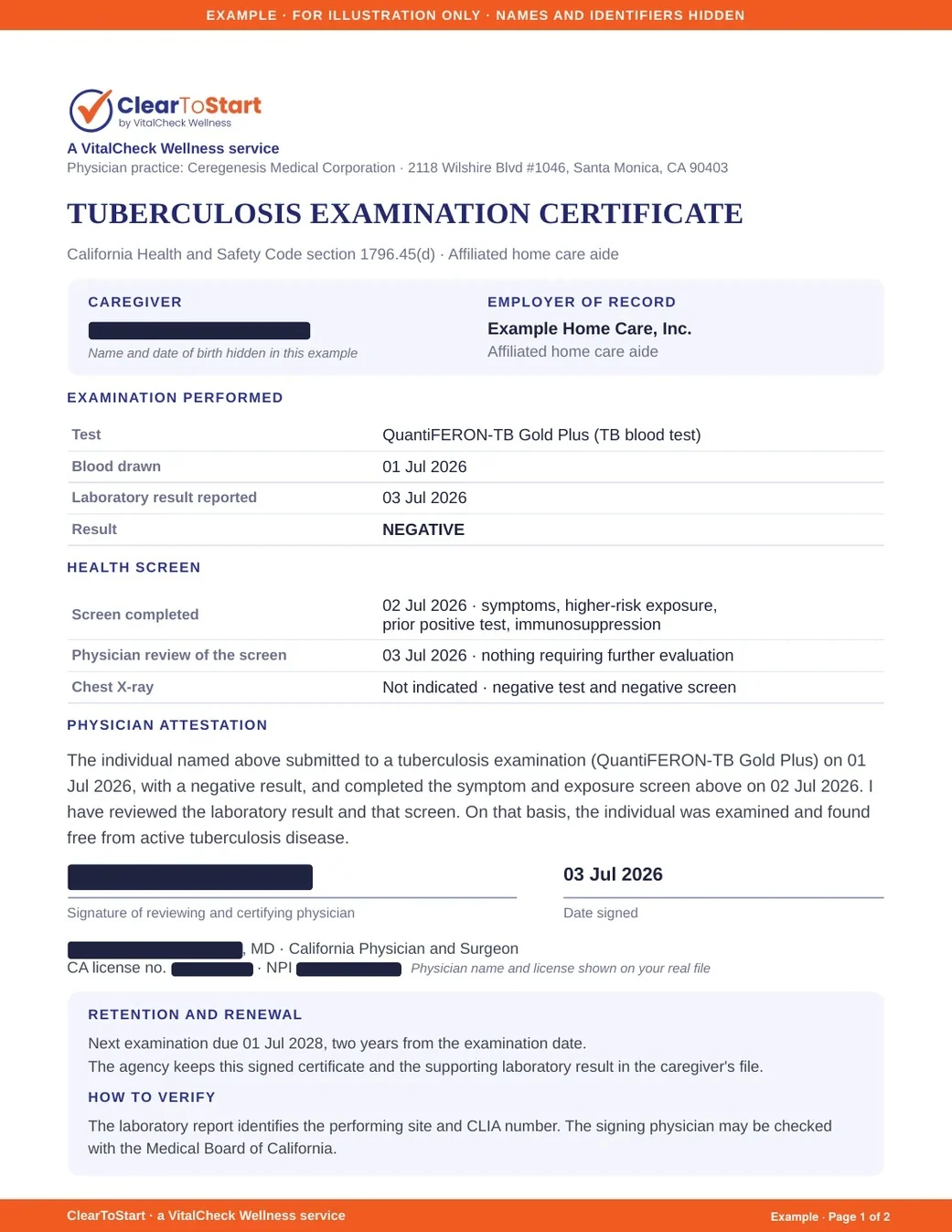 Tuberculosis examination certificate (example)