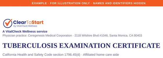 Example tuberculosis examination certificate