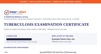 Example tuberculosis examination certificate