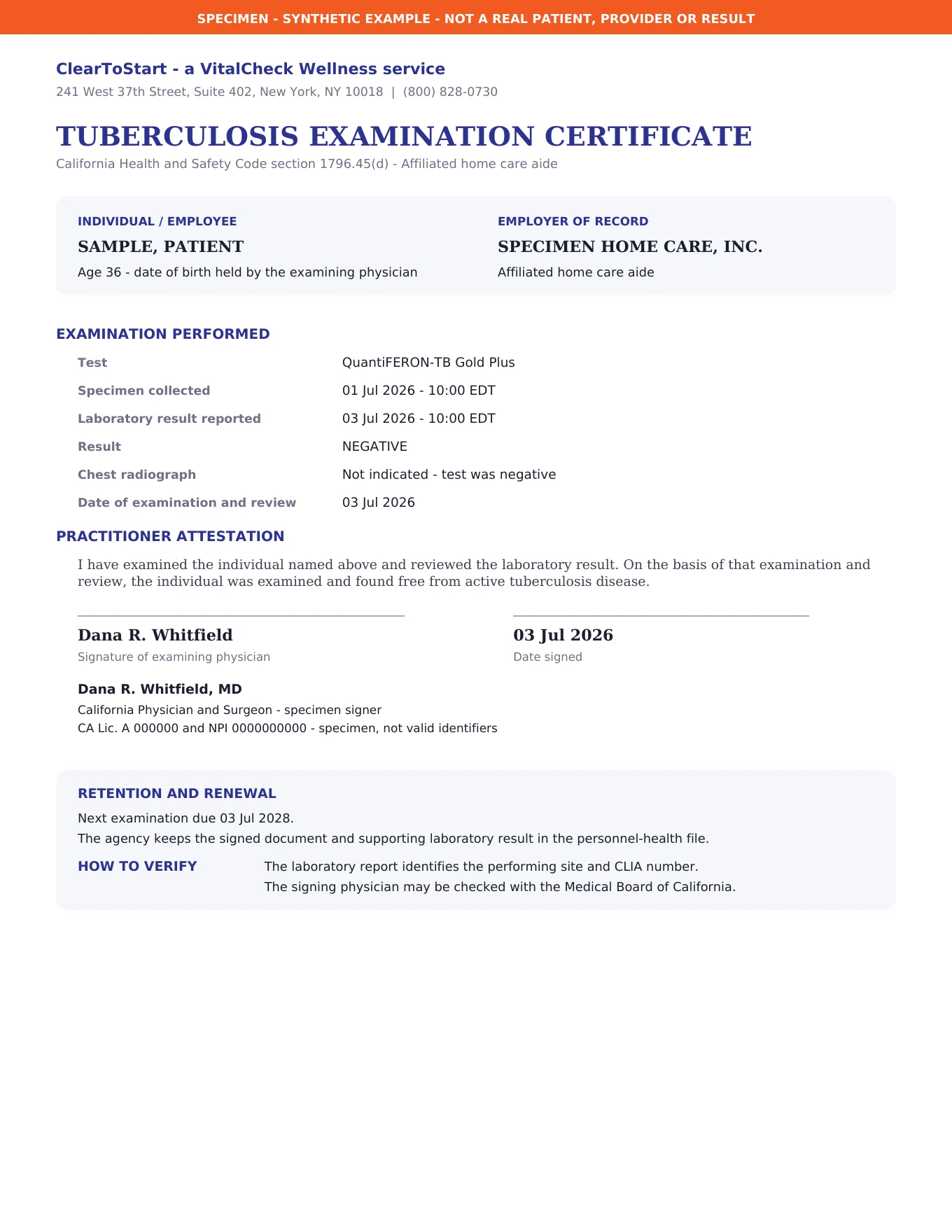 Synthetic California home care aide tuberculosis examination certificate showing the attestation, negative QuantiFERON result, physician signature, renewal date, retention note and verification instructions
